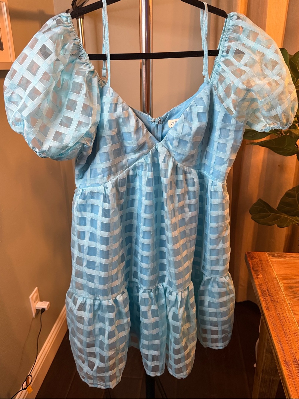SHE+SKY Blue Organza Puff Sleeve Babydoll Mini Dress Size Large